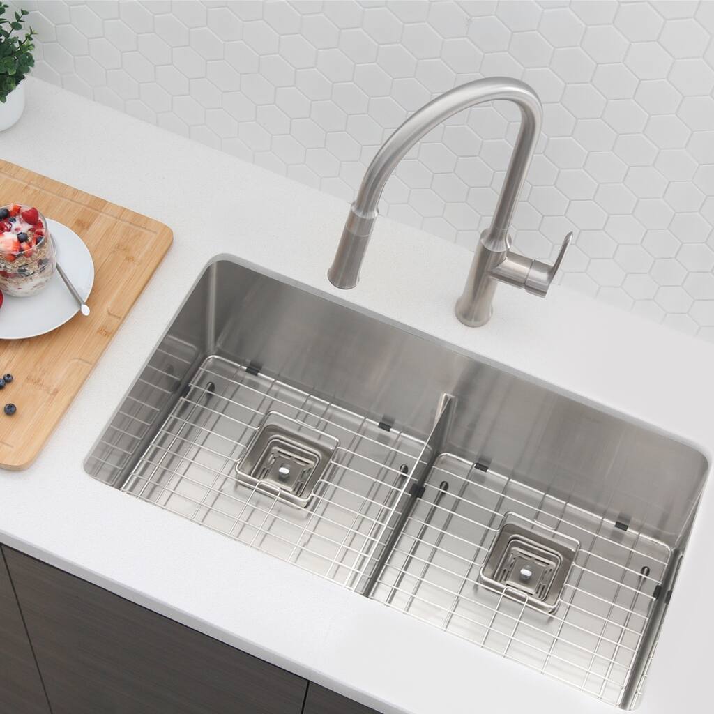 STYLISH 33 inches L x 18 inches W Stainless Steel Double Basin Undermount Kitchen Sink with Grids and Strainers