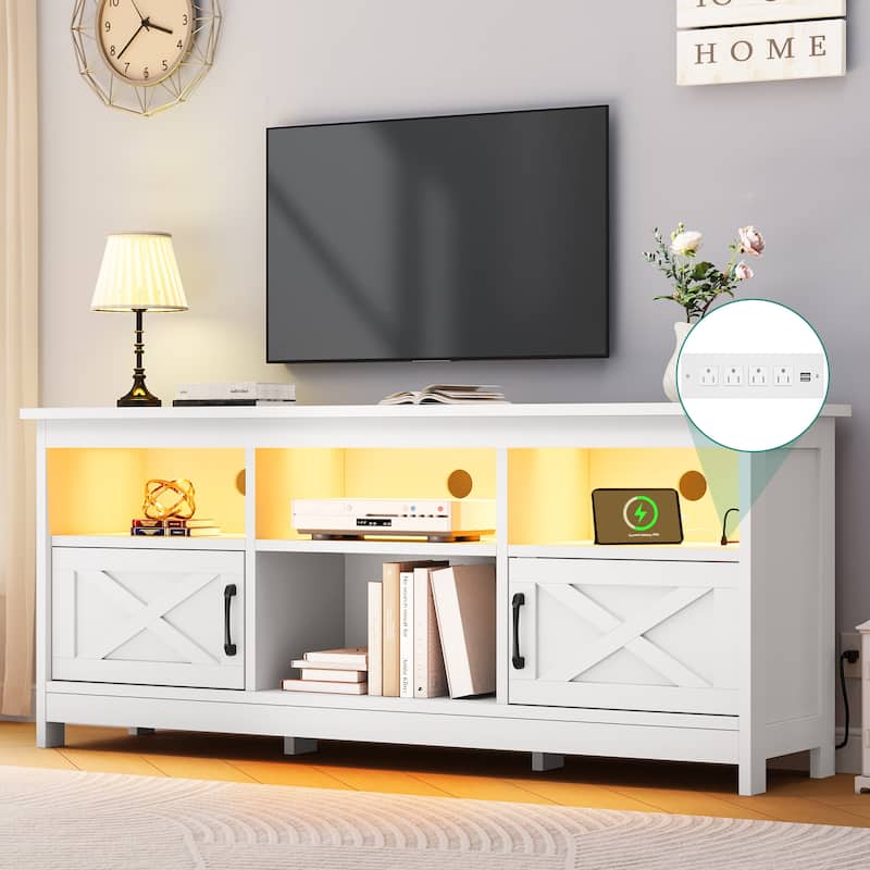 Moasis 70"/59" Farmhouse TV Stand for 80"/65" TV with Outlet and Lights