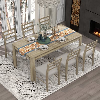Extendable Table with 12" Removable Leaf, 7-Piece Wooden Dining Table Set with 6 Upholstered Chairs & 2 Drawers