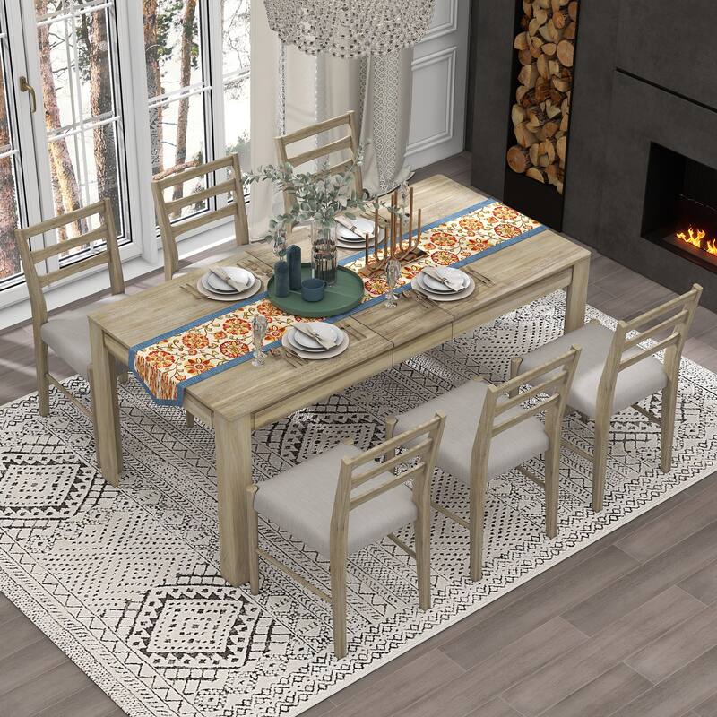 Natural Wood Wash Rustic 7-Piece Wooden Dining Table Set with 6 Chairs & Extendable Table - Natural Wood Wash