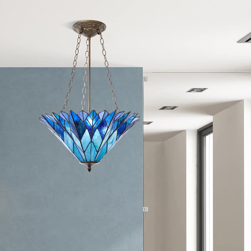 Tiffany-Style River of Goods Aqua/Blue/Purple Stained Glass 20.25-Inch Pendant Light - 20.25" x 20.25" x 28"