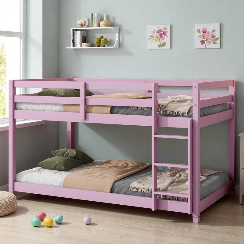 Solid Rubber Wood Twin Over Twin Floor Bunk Bed with Ladder, Low Height Design and Strengthened Slat Support