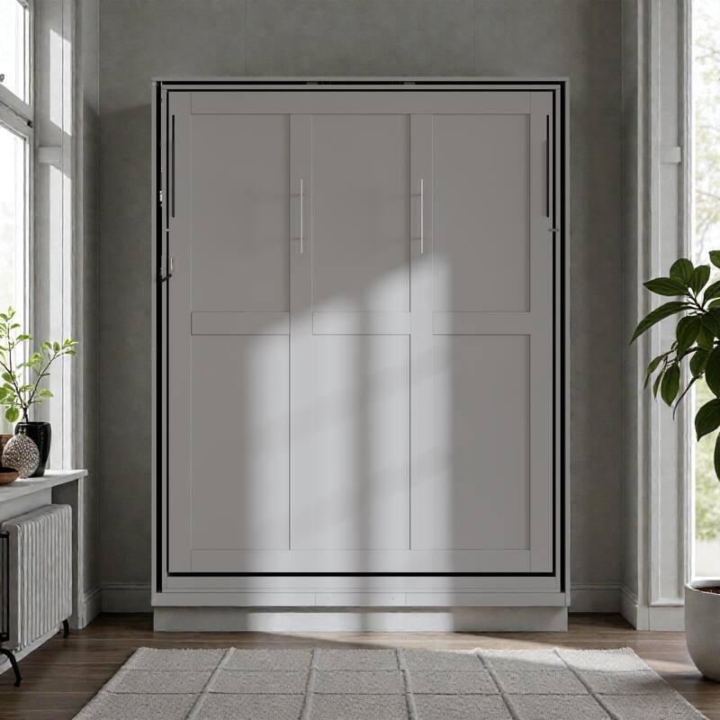 Rotating Queen Murphy Bed with Storage Shelves, 360 Degree Space Saving Wall Bed for Home Office - Grey - Queen