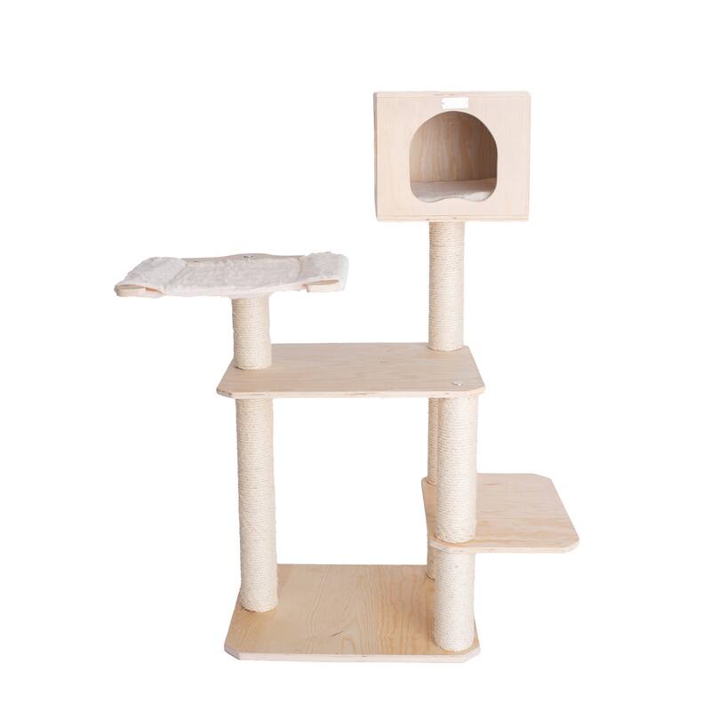 Real Wood Premium Scots Pine, Solid Wood Cat Tree, 50" Tall - Natural Beige