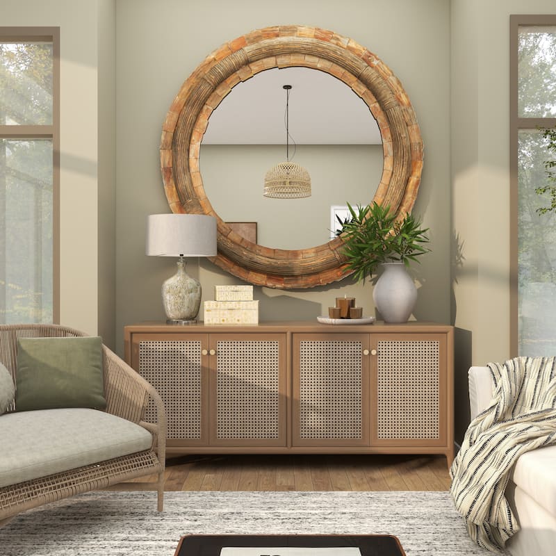 Brown Wood Large Room Wall Mirror with Layered Wood Chip and Stick Design