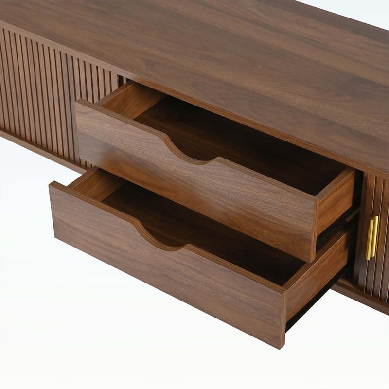 Wooden Oval Fluted TV Stand with Charging Station,Sliding Tambour Door,and Ample Storage for Living Room