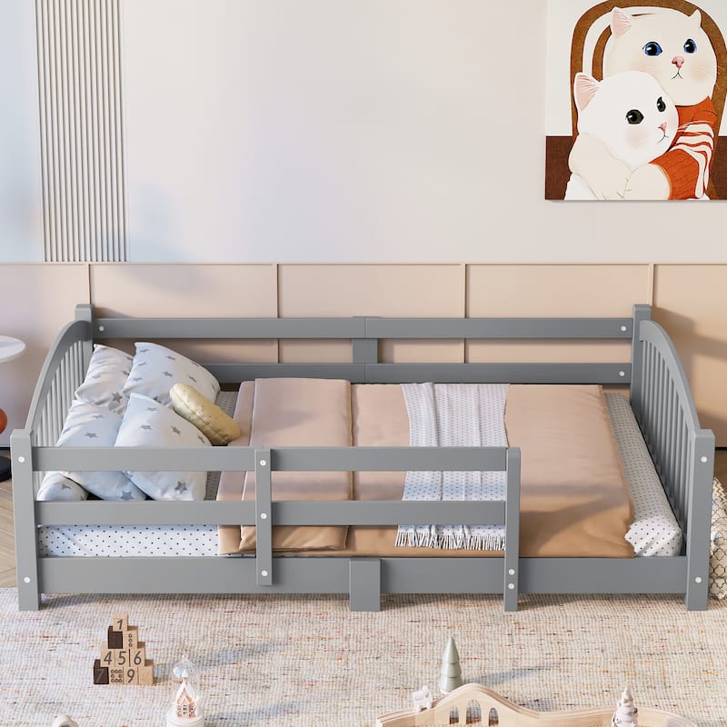 Solid Wood Floor Bed Montessori Bed with Safety Guardrails Without Door