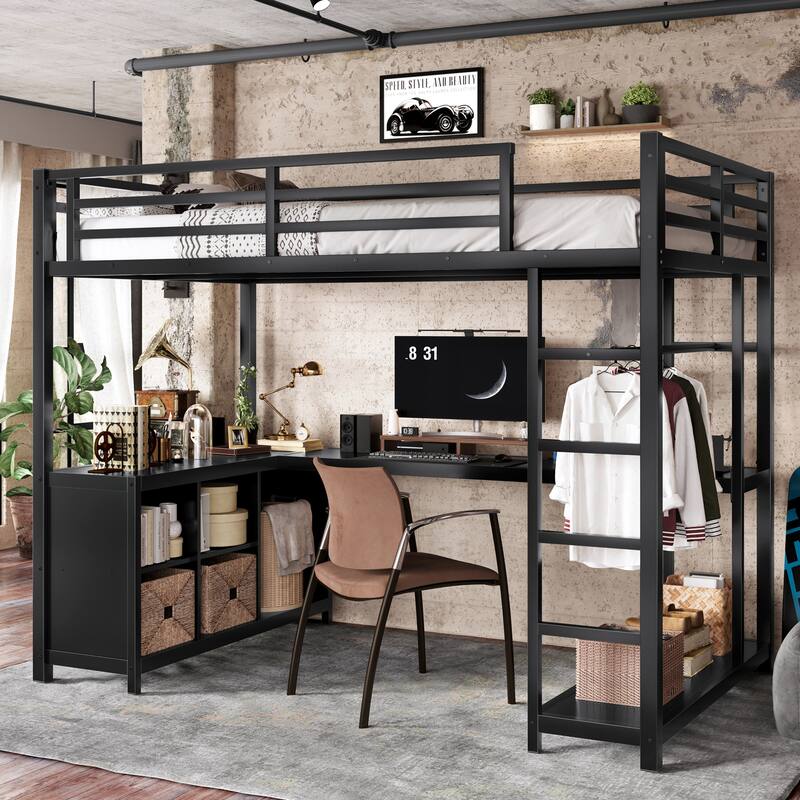 Roomfitters Metal Loft Bed with Wardrobe and L-Shaped Desk, Storage Shelves, Black