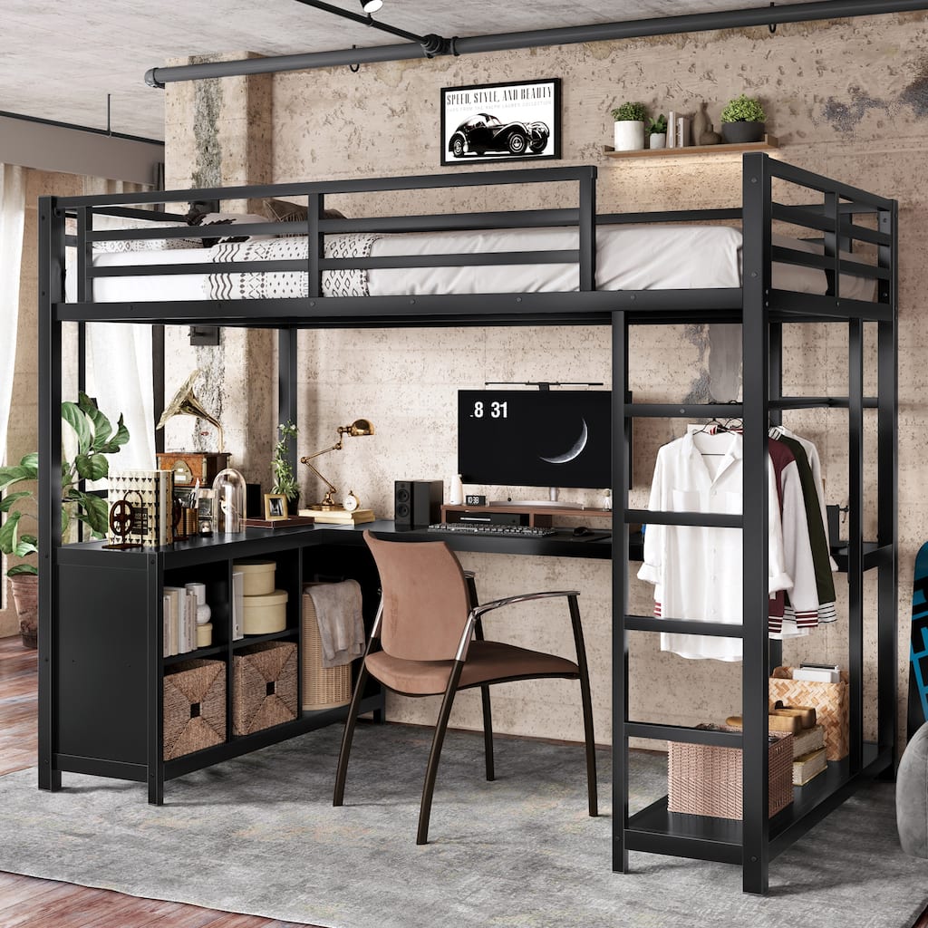 Twin/Twin XL Metal Loft Bed with Wardrobe & L-Shaped Desk - Loft Bed with Storage Cubes & Shelves for Teens, Adults