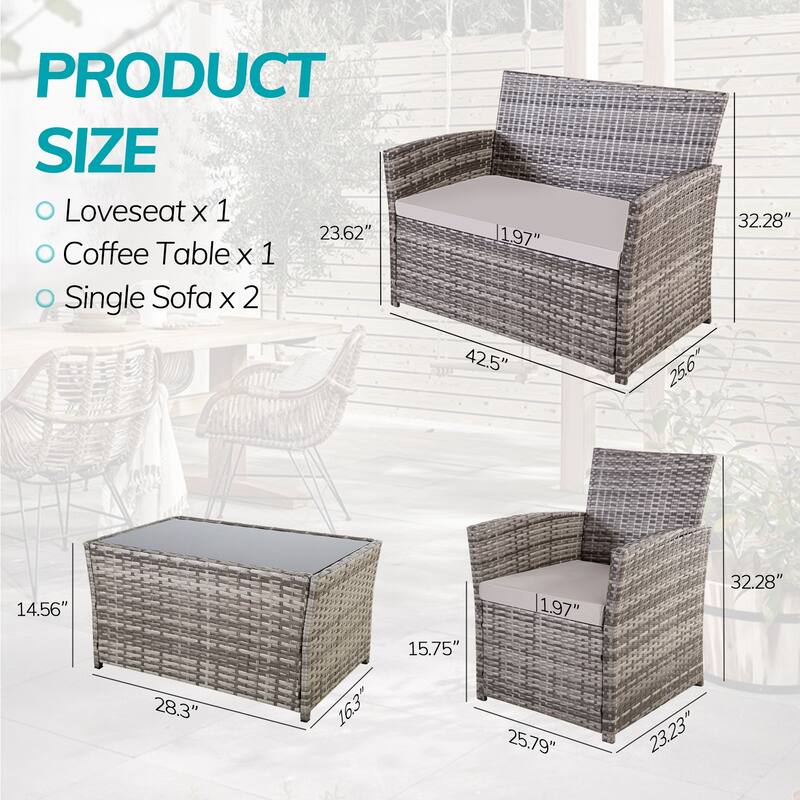 4 Piece Outdoor PE Wicker Furniture Set, Patio Brown Rattan Sectional Sofa Couch with Washable Cushions