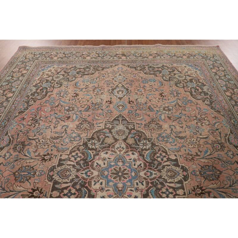 Traditional Pink Mashad Persian Vintage Rug Handmade Wool Carpet - 9'6"x 12'6"