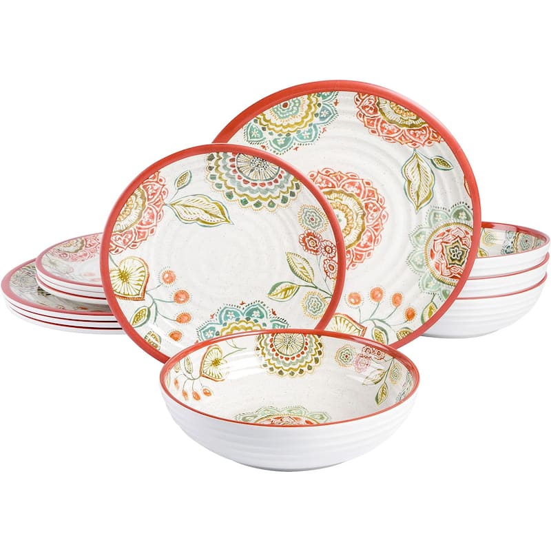 Sunshine Patch 12 Piece Melamine Dinnerware Set in Red and Orange