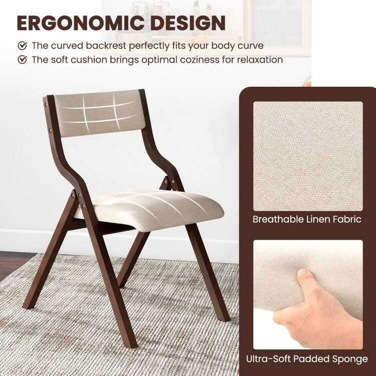 Set of 2 Wooden Folding Dining Chair with Linen Fabric Padded Seat and Backrest - 19" x 24" x 31" (L x W x H)