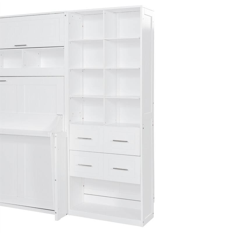 Full/Queen Size Murphy Wall Bed with Closet and 2 Storage Drawers, Space Saving Foldable Murphy Cabinet Bed with Storage Shelves