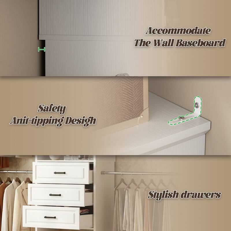90'' W Closet System with Extendable Hanging Rods & Mirror,Walk-in Closet Organizer System Starter Kit with Drawers