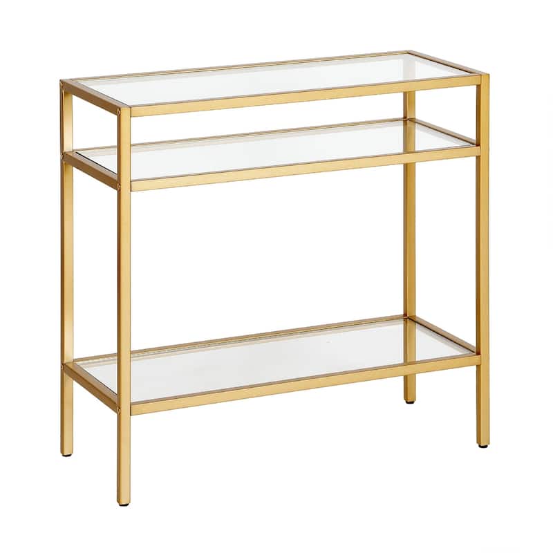Steel Frame Glass Side End Table with 2 Shelves and Rectangular Top - 10” x 24” x 24” (D x W x H) - Brass-Clear