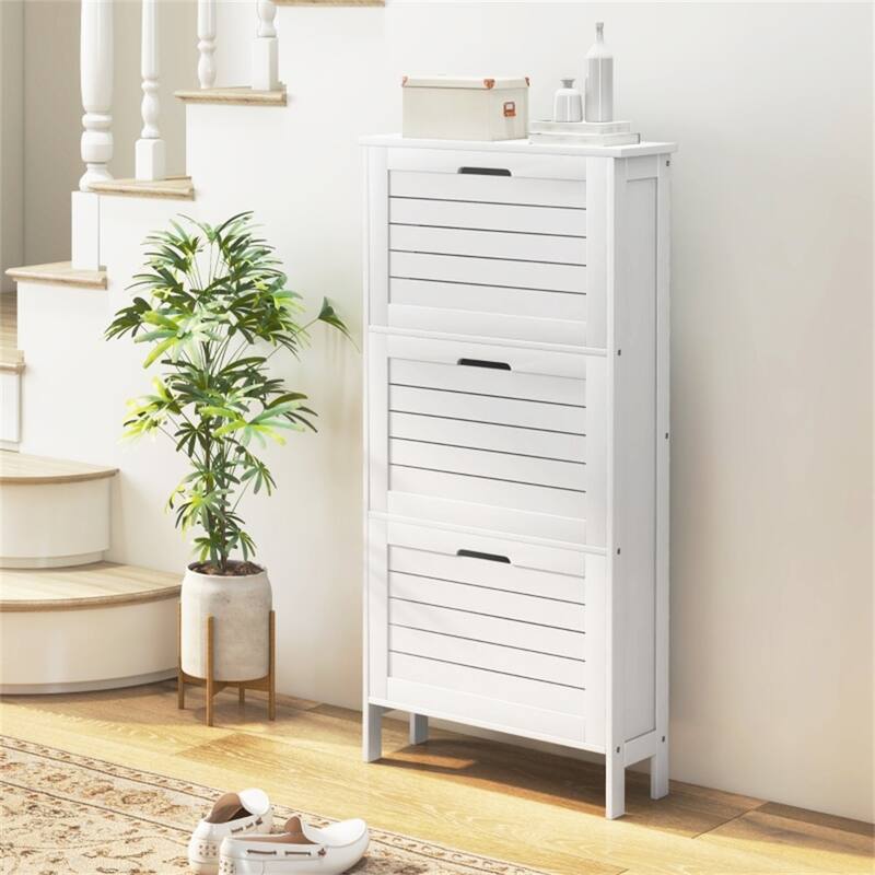 Modern White Shoe Cabinet with 3 Flip-Down Drawers for 6 Pairs Hallway Storage - 20.75" W x 7" D x 42.75" H