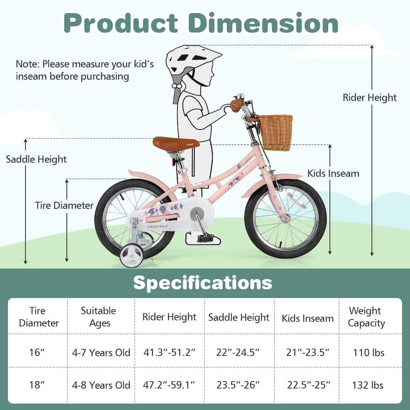 Costway 12"/14"/16"/18" Kids Bike with Height Adjustable Handlebar - See Details