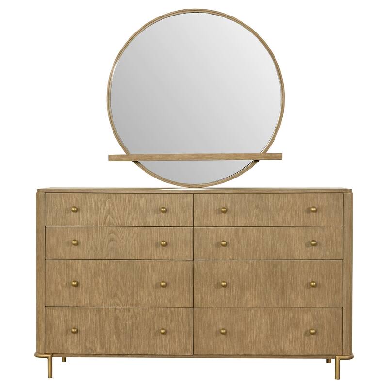 Fij Wide Dresser with Mirror, 8 Drawers, Sand Wash Brown, Brass Knobs