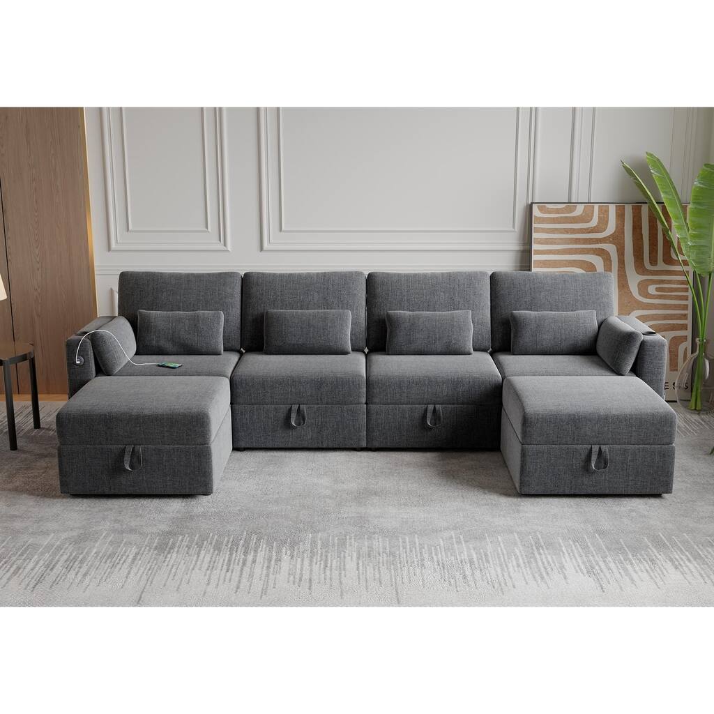 U-Shaped Sectional Sofa, Modular 6-Seat Couch Sectionals with Reversible Chaise Ottoman, USB Charging Ports