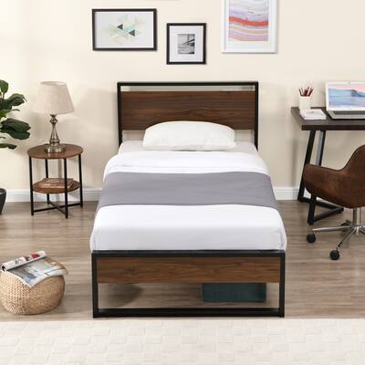 Twin Bed Frames with Wood Headboard and Footboard, Metal Platform Bed Frame with Storage