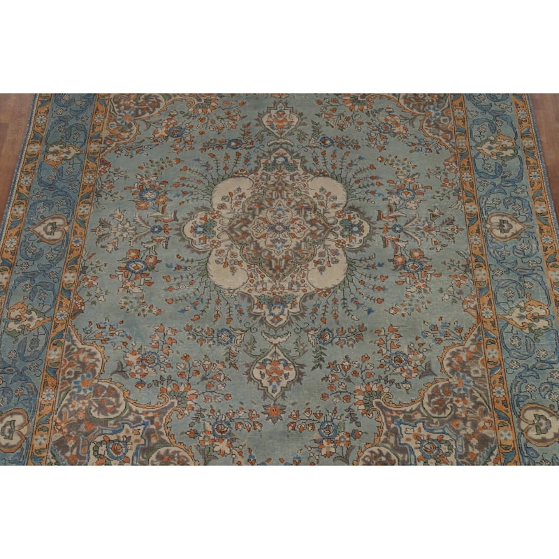 Light Blue Floral Tabriz Persian Rug Hand-Knotted Wool Carpet - 7'7"x 11'1"
