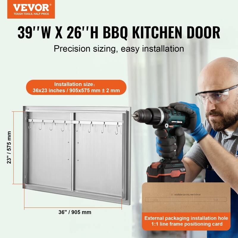 VEVOR BBQ Access Door, Stainless Steel Flush Mount, with Handles and Hooks