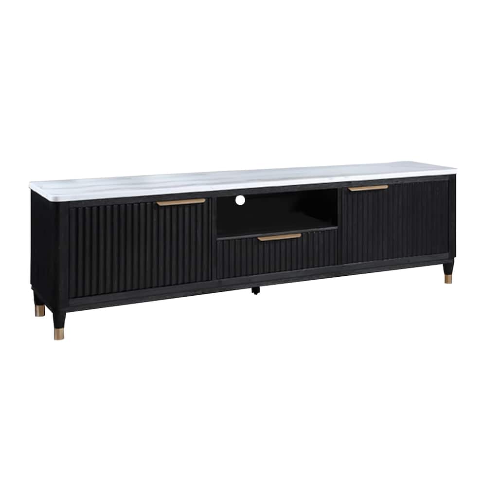 Frey TV Media Stand, 1 Drawer and Compartment, Brass Hardware, Black Wood