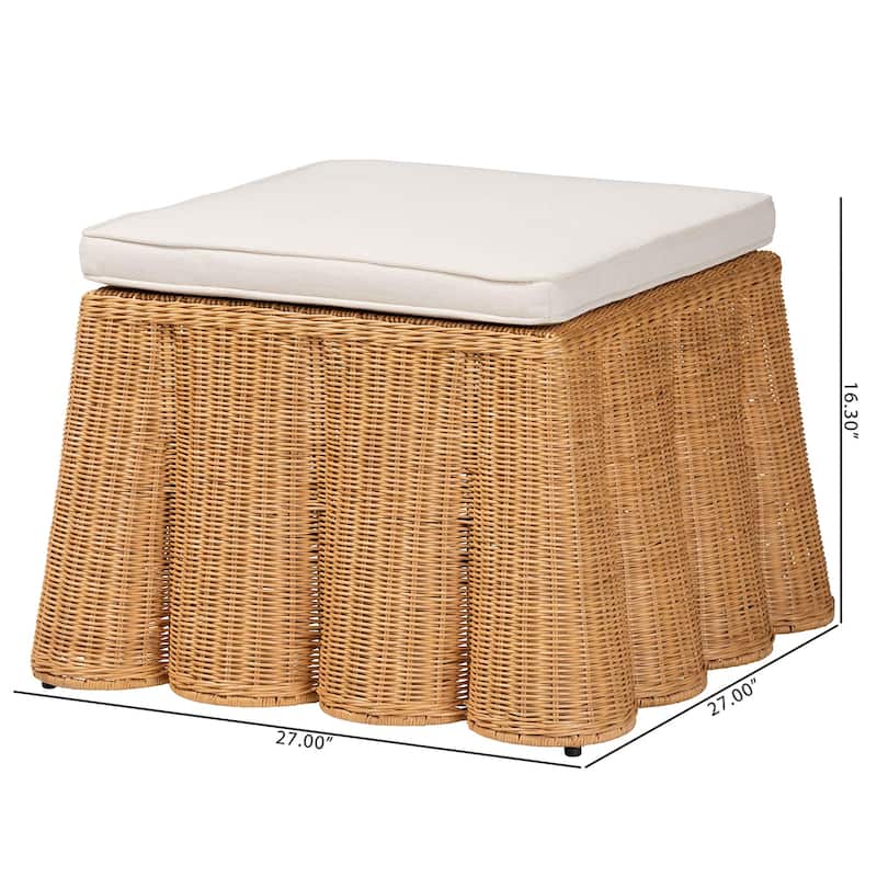 Palm Scallop Natural Rattan Ottoman with Cushion – Handwoven Wicker Accent Bench or Footrest for Living Room or Sunroom, Square
