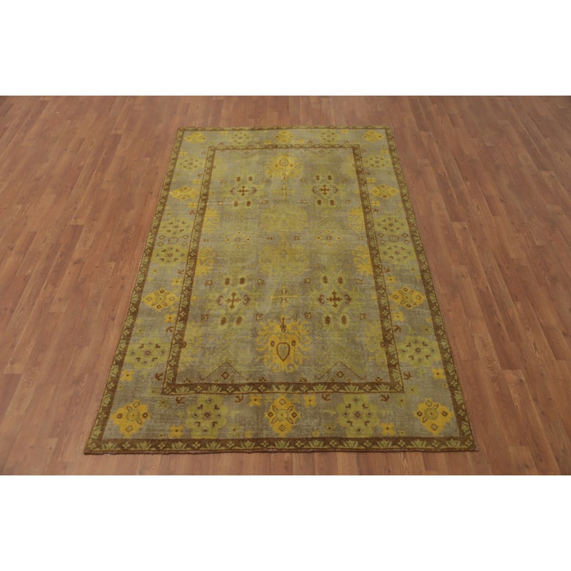 Hand-knotted Transitional Silk Carpet Green Oushak Rug Geometric Oriental Area Rug - 8' 0'' X 4' 11''