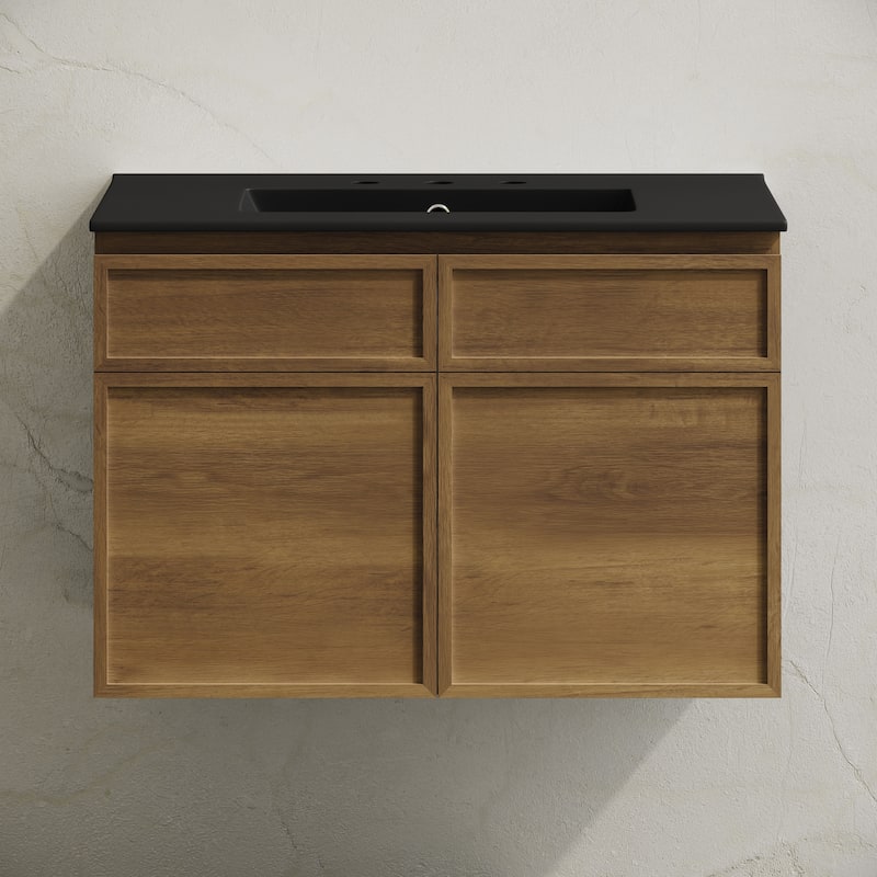 St. Tropez 30" Wall-Mounted Bathroom Vanity In Brown Oak With Black 3-Hole Widespread Sink Top - 30