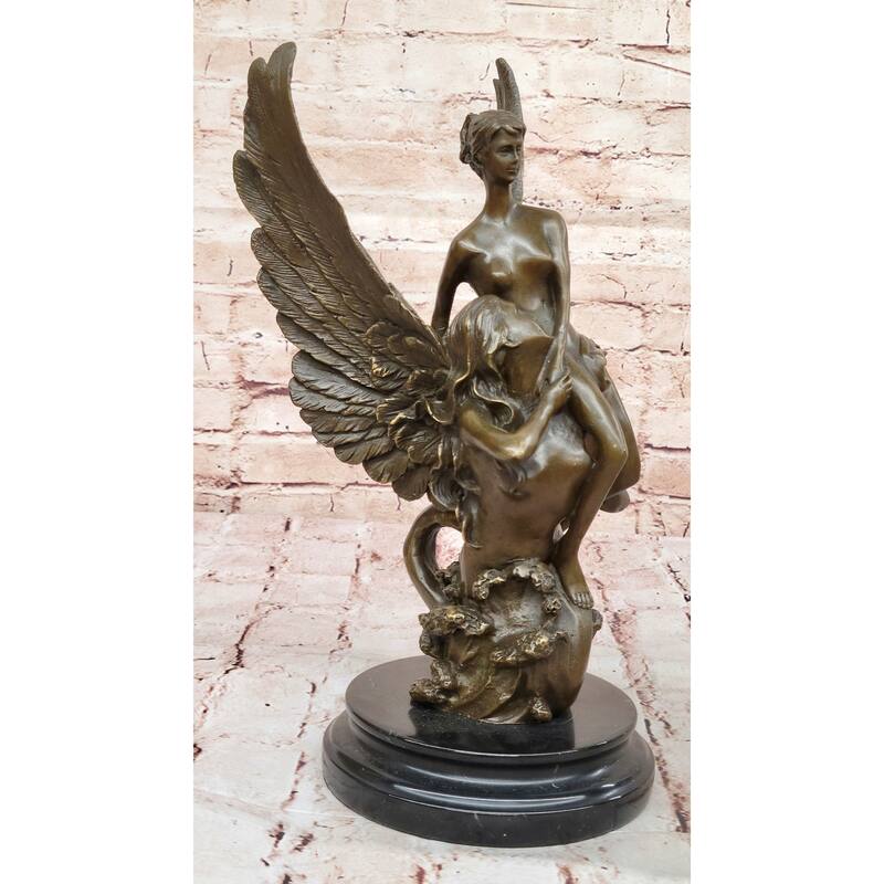Romantic Bronze Angel Sculpture – Embrace Of Two Winged Figures On Marble Base
