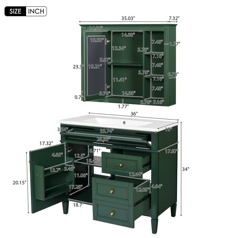 Roomfitters 36 Inch Bathroom Vanity with Sink and Mirror, Storage Cabinet with Drawers and Open Shelves