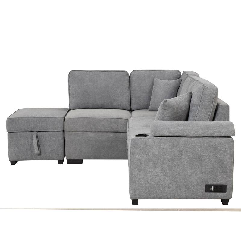 Sleeper Sofa Bed with Storage Ottoman, 2 in 1 Convertible Sectional Sofa Couch, Linen 4-Seater Sofa with Cup Holder