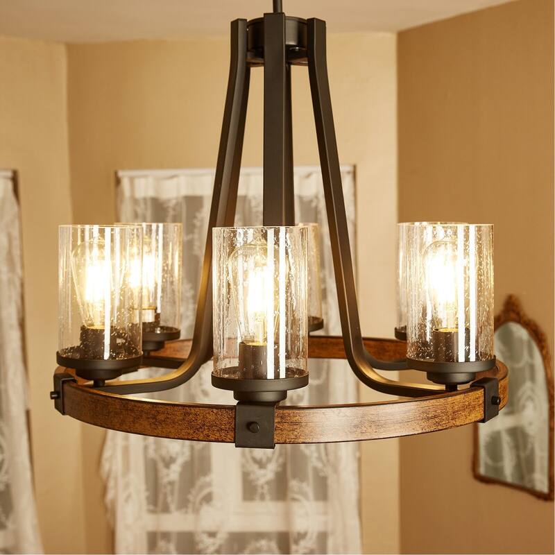 6 Light Shaded Wagon Wheel Chandelier - 24.23"x32.31"