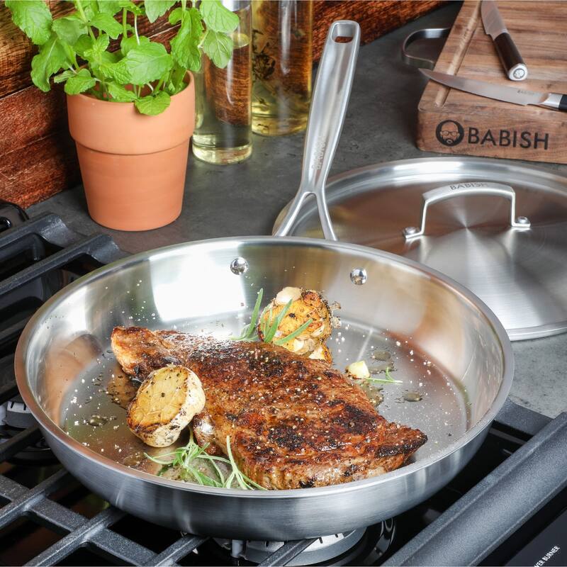 Babish 12 Inch Stainless Steel Triply Professional Grade Fry Pan w/ Stainless Lid