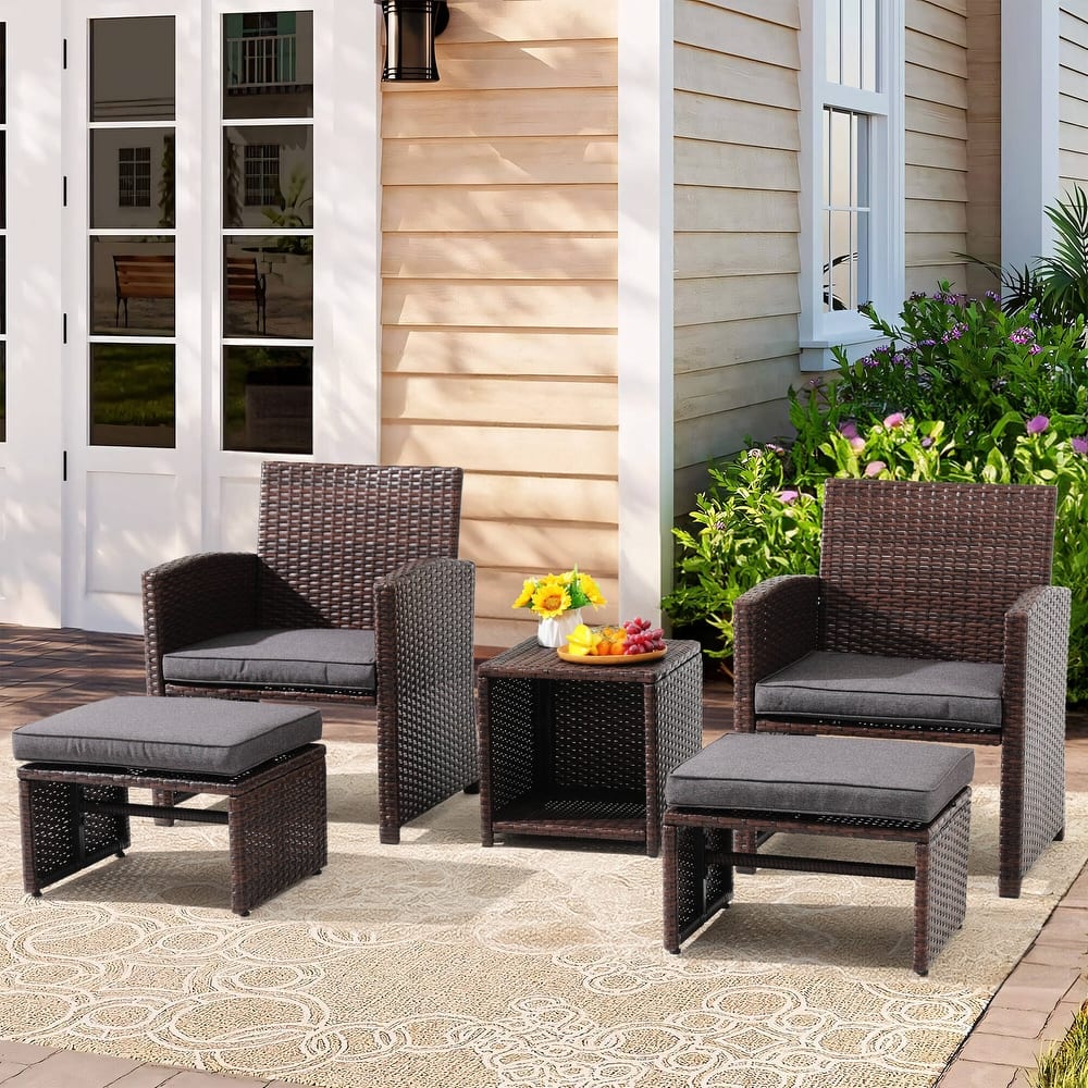 Outdoor 5-piece Brown Rattan Wicker Conversation Set