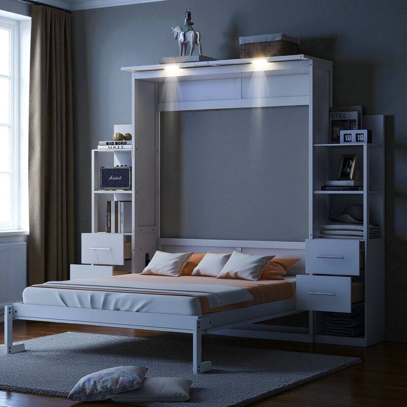 Queen Size Murphy Wall Bed with Shelves, Drawers and LED Lights, Space-Saving Foldable Bed for Guest Room or Home Office