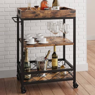 3 Tier Serving Bar Cart with Wheels & Wine Rack - N/A