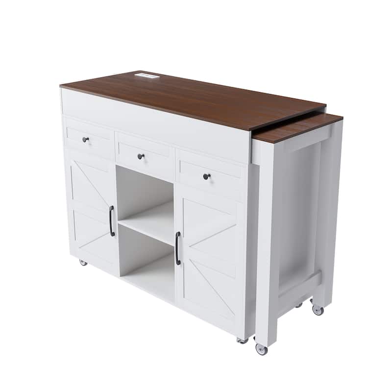 74.8"Kitchen Island with Extendable Dining Table & Power Outlet-Rolling Storage Cart on Wheels with 3 Drawers & 2 Door Cabinet