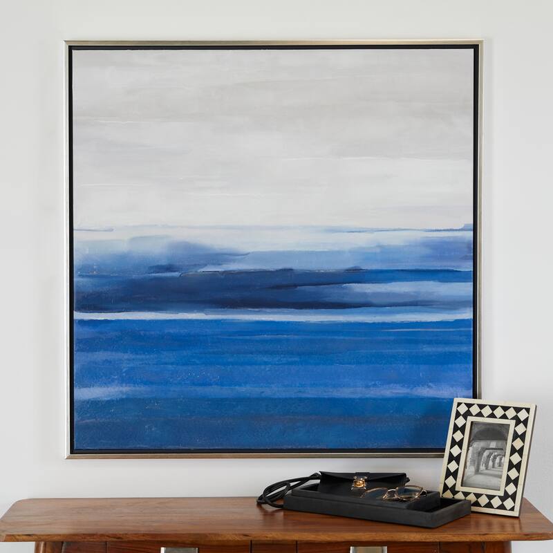 Canvas Landscape Abstract Ocean Inspired Framed Wall Art with Silver Frame - Blue - Roche River Decor