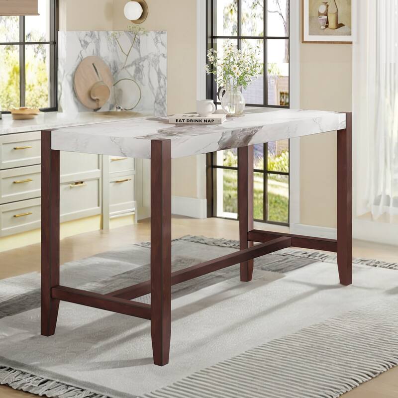 Roomfitters 47.5" Counter Height Dining Table, Faux Marble Bar Table with Rubberwood Legs, Modern Tall Kitchen Table, White