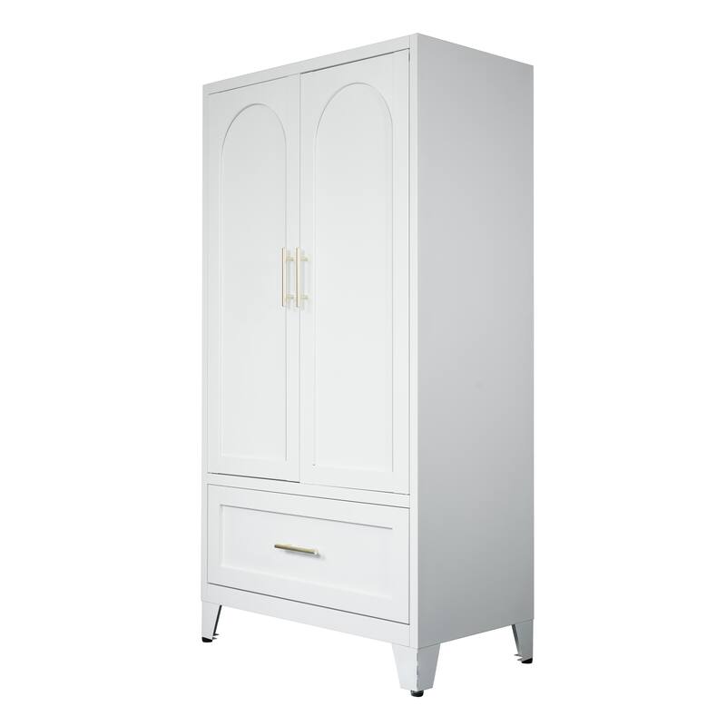 60" Tall Metal Wardrobe Cabinet with 1 Drawer and Hanging Rod, 2 Doors Wardrobe Closet with Shelf