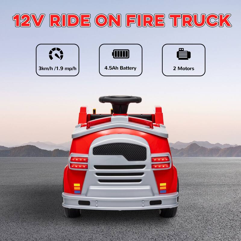 Qaba 12V Ride on Fire Truck, Battery Powered Electric Car for Kids with Siren, Flashing Lights Fire Extinguisher, Red