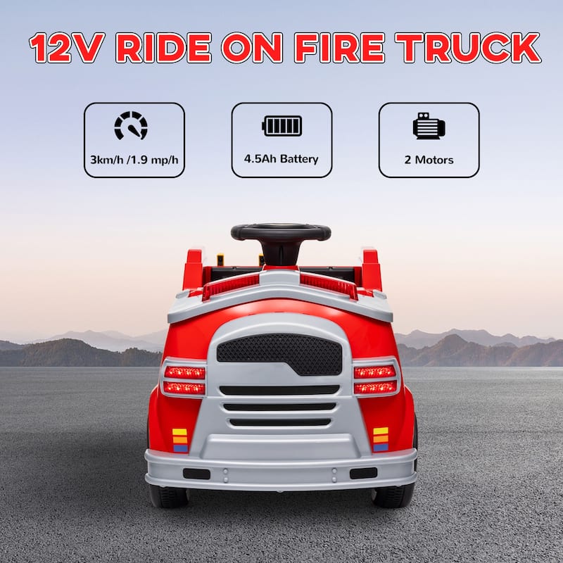 Red 12V Dual Motor Car Kids Ride-On Fire Truck with Flashing Lights and Siren Music Horn - 33.9" L x 19.3" W x 20.5" H