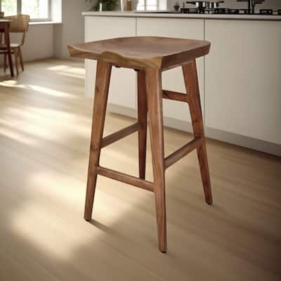 Tisa 29 Inch Backless Barstool, Handcrafted Saddle Seat in Natural Brown Acacia Wood