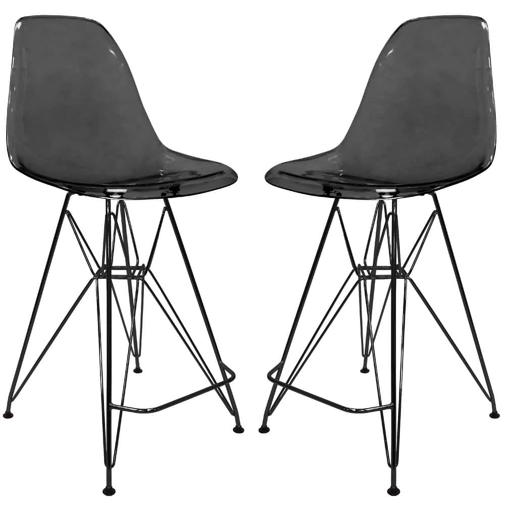 Cresco Ergonomic Acrylic Brushed Black Steel Base Barstool with Footrest and Floor Pads for Kitchen or Home Bar Set of 2