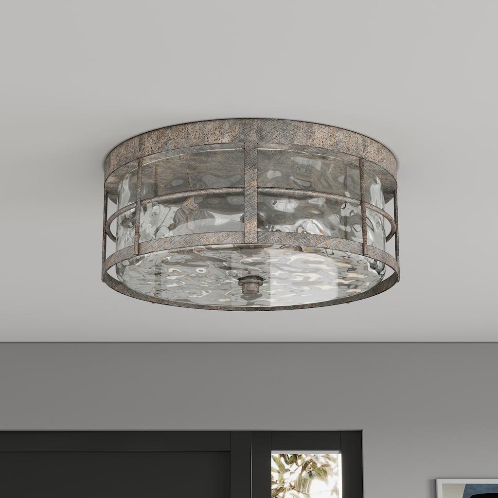 Industrial Grey Rust Flush Mount Ceiling Light with Water Ripple Glass Shade