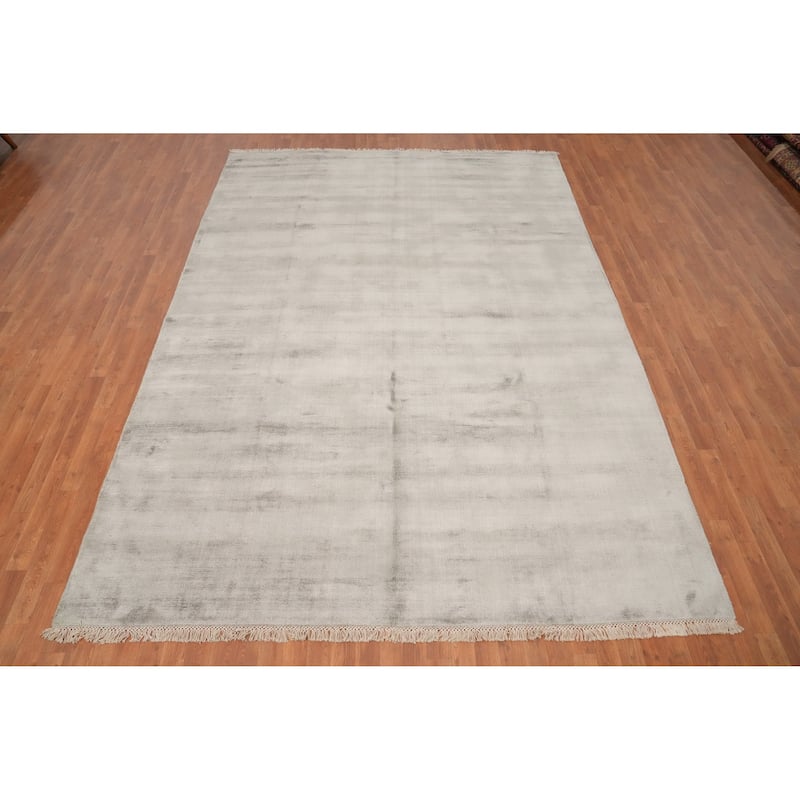 Hand Knotted Oriental Viscose Silk Carpet Modern Modern Greys & Charcoal Abstract Area Rug - 11' 4'' X 8' 0''