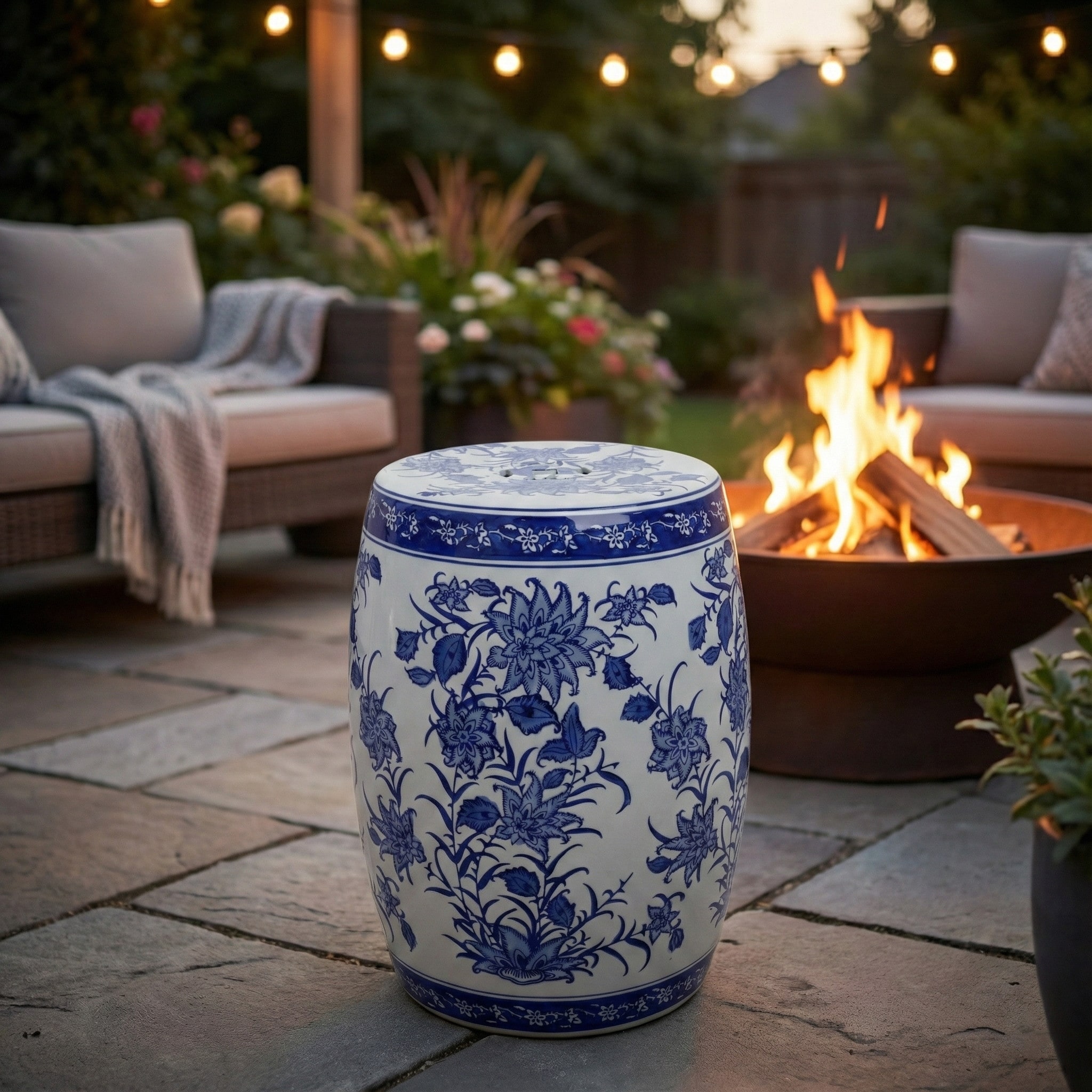 Ceramic Pinwheel Flower Chinoiserie Stool - 18"